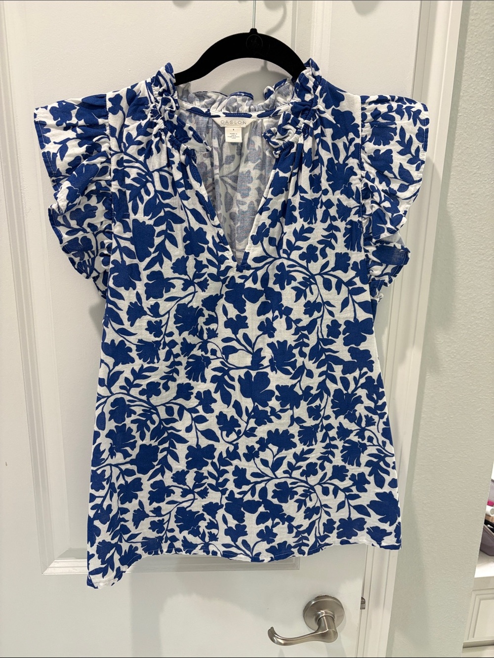 Caslon linen White Top with Blue Floral Print and Ruffle Sleeves